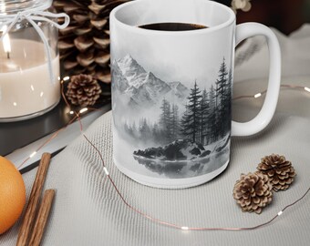 Winter Mug, Moonlit Winter River Monochrome Sketch Ceramic Coffee Cup, Cozy Nature Gift, 11oz or 15oz