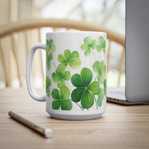 Klövermugg, grön Shamrock Irish Luck keramikkaffekopp i vitt, St Patricks Day-present, 283 ml eller 454 ml
