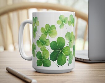Clover Mug, Green Shamrock Irish Luck Ceramic Coffee Cup in White, St Patricks Day Gift, 11oz or 15oz