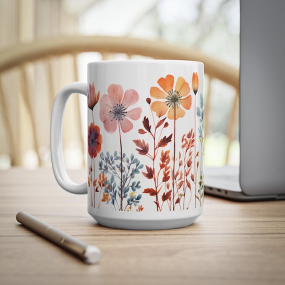 Flower Mug with Minimalist Watercolor Wildflowers, Elegant Floral Ceramic Coffee Cup, Gift for Her, 11oz or 15oz