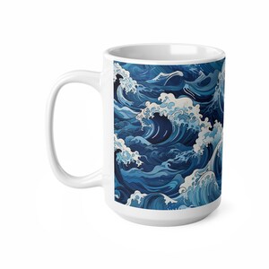 Taza con diseño de olas marinas, taza de café de cerámica con estampado de olas japonesas en azul y blanco, regalo minimalista para amantes del mar, 325 ml o 444 ml. imagen 10