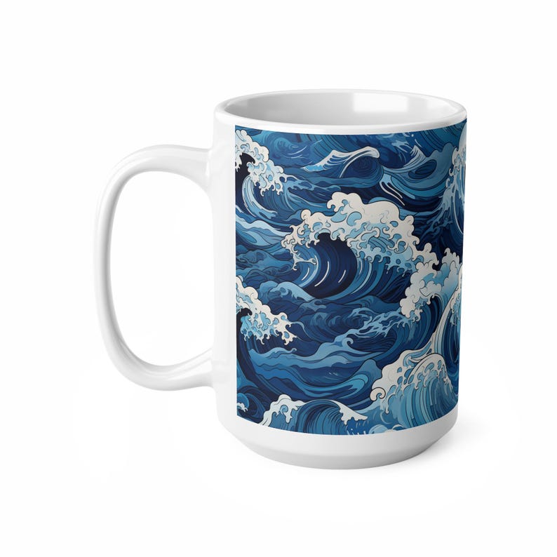 Taza con diseño de olas marinas, taza de café de cerámica con estampado de olas japonesas en azul y blanco, regalo minimalista para amantes del mar, 325 ml o 444 ml. imagen 10