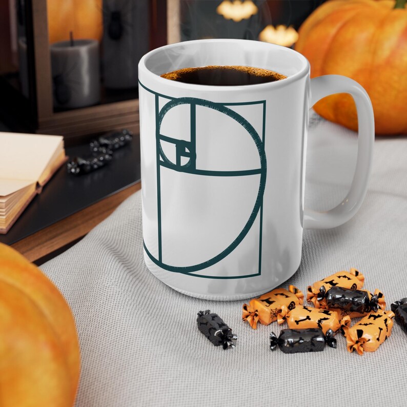 Golden Ratio Fibonacci Spiral Mug, Minimalist Math Art Ceramic Coffee Cup, Gift for Mathematician or Engineer, Teal and Copper, 11oz 15oz image 14