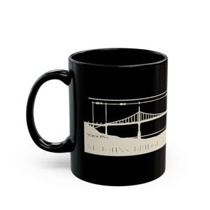 St Johns Bridge black mug shown from three angles
