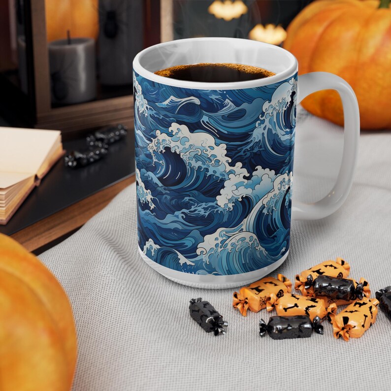 Taza con diseño de olas marinas, taza de café de cerámica con estampado de olas japonesas en azul y blanco, regalo minimalista para amantes del mar, 325 ml o 444 ml. imagen 14