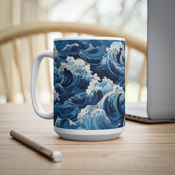 Ocean Waves Mug, Japanese Wave Pattern Ceramic Coffee Cup in Blue and White, Minimalist Sea Lover Gift, 11oz or 15oz