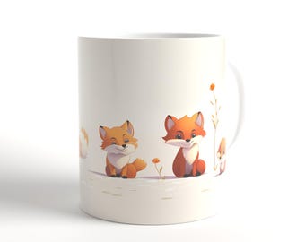 Keramisk mugg med rävmotiv, tecknade rävar, vildblommor, 310 ml eller 450 ml