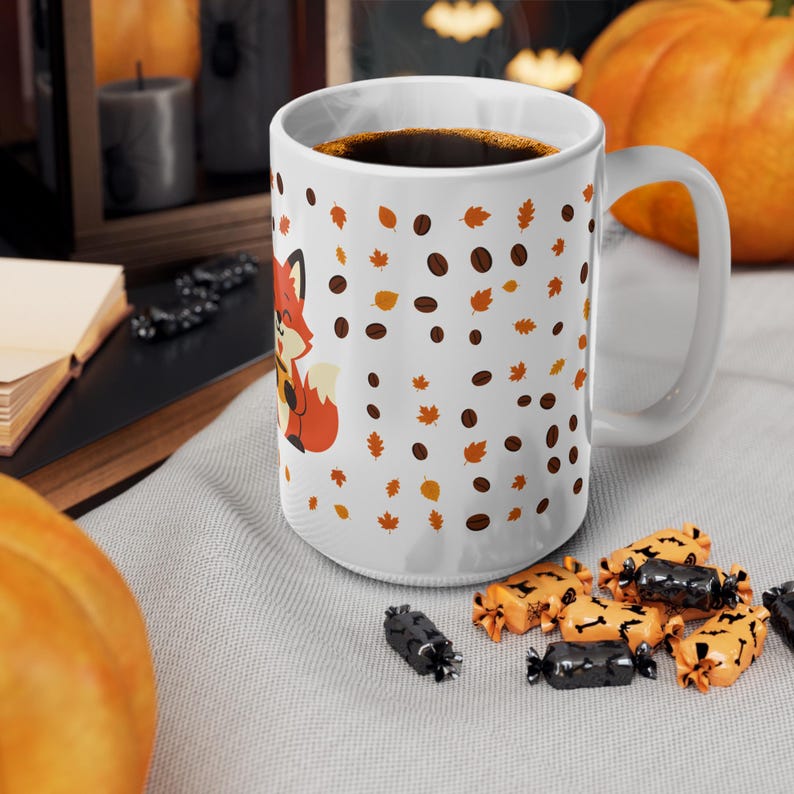 Rävkaffemugg med höstlöv och kaffebönor, söt Cottagecore keramikmugg, höstpresent till rävälskare, 11oz eller 15oz bild 14