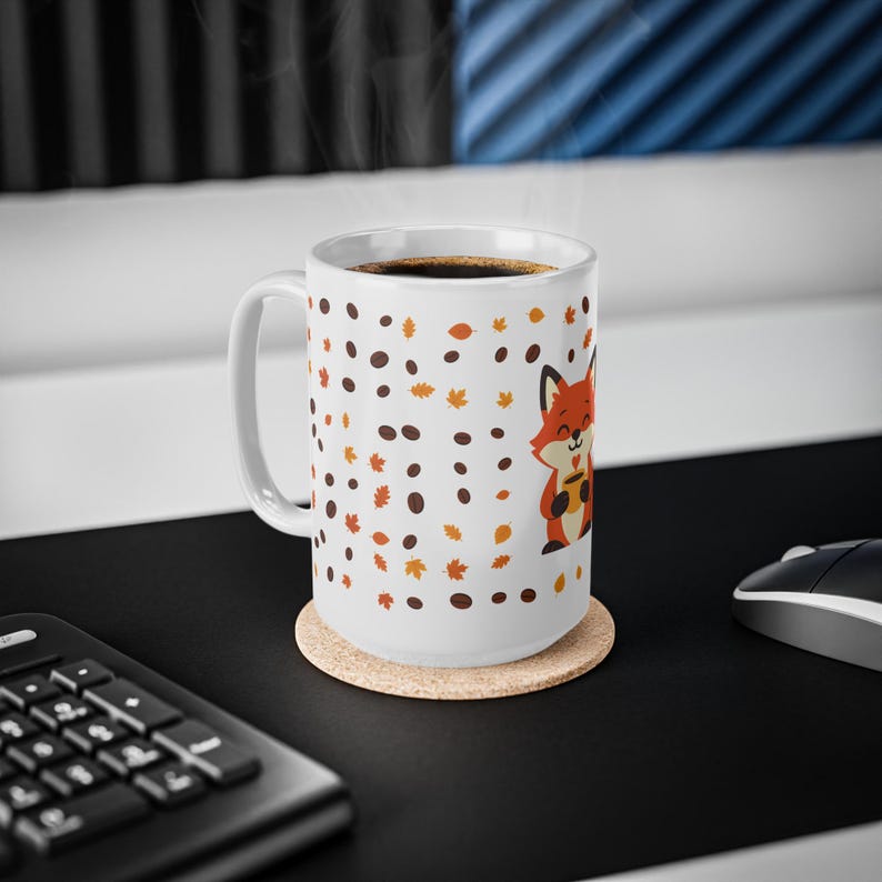 Rävkaffemugg med höstlöv och kaffebönor, söt Cottagecore keramikmugg, höstpresent till rävälskare, 11oz eller 15oz bild 12