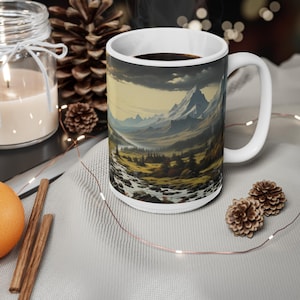 Bergsmugg, dalsolnedgång målad landskap keramisk kaffekopp, natur- och vandringspresent, 300 ml eller 450 ml