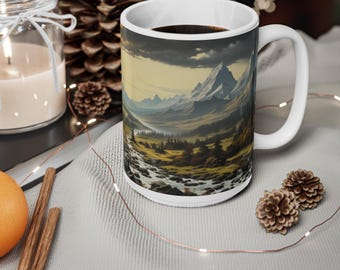 Mountain Mug, Valley Sunset Painted Landscape Ceramic Coffee Cup, Nature and Hiking Gift, 11oz or 15oz