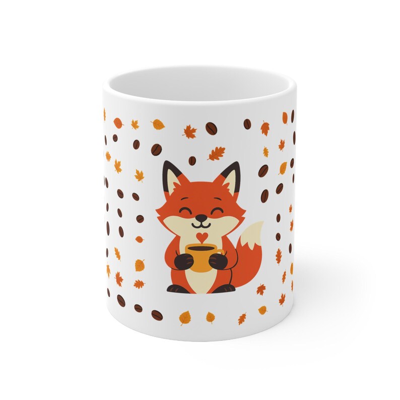 Rävkaffemugg med höstlöv och kaffebönor, söt Cottagecore keramikmugg, höstpresent till rävälskare, 11oz eller 15oz bild 2