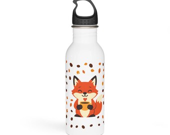 Autumn Fox and Coffee Stainless Steel Water Bottle, 20oz Insulated Reusable Bottle with Carabiner Lid, Gift for Hikers and Coffee Lovers