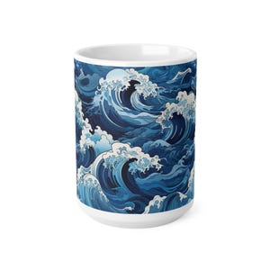 Taza con diseño de olas marinas, taza de café de cerámica con estampado de olas japonesas en azul y blanco, regalo minimalista para amantes del mar, 325 ml o 444 ml. imagen 9