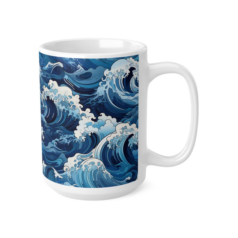 Taza con diseño de olas marinas, taza de café de cerámica con estampado de olas japonesas en azul y blanco, regalo minimalista para amantes del mar, 325 ml o 444 ml. imagen 11