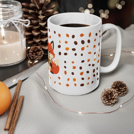 Fox Coffee Mug with Autumn Leaves and Coffee Beans, Cute Cottagecore Ceramic Mug, Fall Gift for Fox Lovers, 11oz or 15oz
