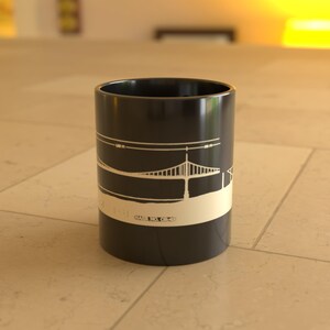 St Johns Bridge Blueprint Mug, Portland Oregon 1931 Measured Drawing, Architect Gift, styled photo on marble kitchen
