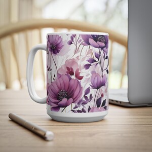 Lila blommamugg, akvarell drömblommor keramisk kaffekopp, blommig present till henne, 283 ml eller 453 ml