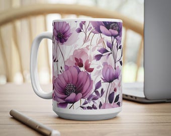 Purple Flower Mug, Watercolor Dream Blooms Ceramic Coffee Cup, Floral Gift for Her, 11oz or 15oz