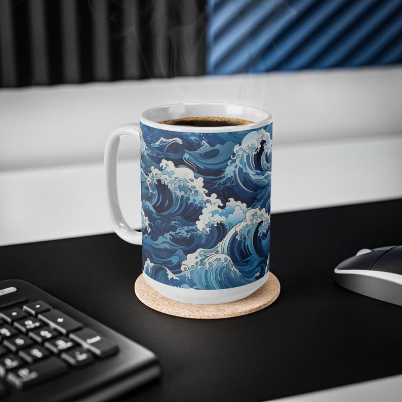 Taza con diseño de olas marinas, taza de café de cerámica con estampado de olas japonesas en azul y blanco, regalo minimalista para amantes del mar, 325 ml o 444 ml. imagen 13
