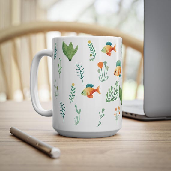 Fish Mug with Whimsical Cartoon Fish and Seaweed, Watercolor Undersea Ceramic Coffee Cup, Ocean Lover Gift, 11oz 15oz