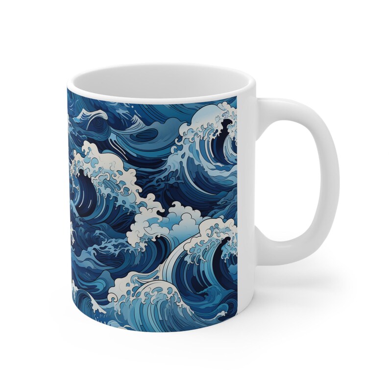 Taza con diseño de olas marinas, taza de café de cerámica con estampado de olas japonesas en azul y blanco, regalo minimalista para amantes del mar, 325 ml o 444 ml. imagen 4