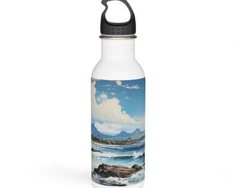 Tropical Beach Stainless Steel Water Bottle, 20oz Insulated Reusable Bottle with Carabiner Lid, Gift for Hikers and Coffee Lovers