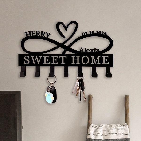 Custom Heart Key Holder, Wall Decor, Infinity Heart Key Hooks, Housewarming Gift, Personalized Infinity Metal Sign, Valentine's Day Gift