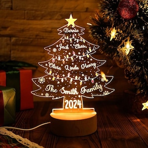 Personalized Christmas Tree Night Light, Home Decor, Custom Family Name Tree Light, USB Acrylic Lamp, Christmas Gifts, Christmas Lights