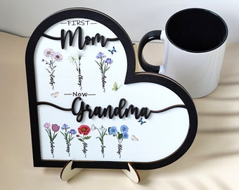 Personalisiertes Geburtsmonats-Blumenschild, Schild „Erste Mutter jetzt Oma“, Muttertagsgeschenk, individuelles Herz-Holzschild, Muttergeschenk, Omas Geschenk