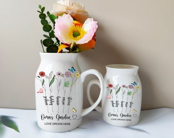 Vaso di fiori di nascita personalizzato, regali per la mamma, vaso di fiori da giardino della nonna, vaso con nome di nipote personalizzato, vaso in ceramica di fiori di nascita