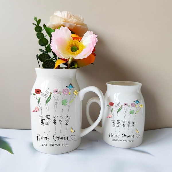 Vaso di fiori di nascita personalizzato, regali per la mamma, vaso di fiori da giardino della nonna, vaso con nome di nipote personalizzato, vaso in ceramica di fiori di nascita