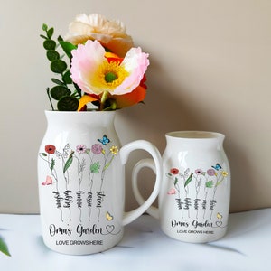 Personalisierte Geburtsblume Blumenvase, Geschenke für Mutter, Omas Gartenblumenvase, kundenspezifische Enkel-Namensvase, Birthflower Keramikvase Bild 2