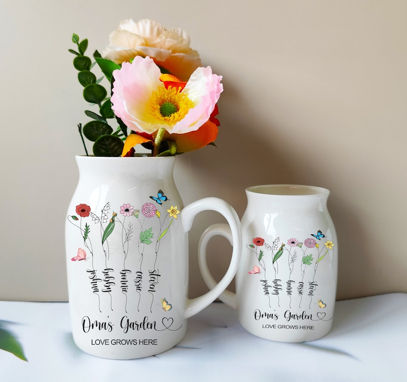 Personalisierte Geburtsblume Blumenvase, Geschenke für Mutter, Omas Gartenblumenvase, kundenspezifische Enkel-Namensvase, Birthflower Keramikvase Bild 2