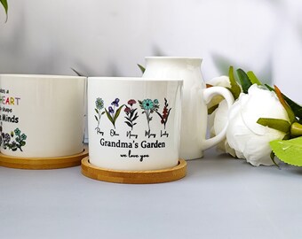 Gepersonaliseerde cadeaus voor moeder, geboortemaand pot voor bloemen, oma's tuin bloempot, aangepaste kleinkind naam pot, geboortebloem keramische pot