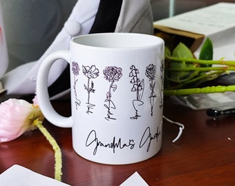 Mug fleur personnalisé mois de naissance, mug jardin de grand-mère, mug prénom personnalisé, cadeaux pour maman, cadeau fête des mères, cadeau pour grand-mère