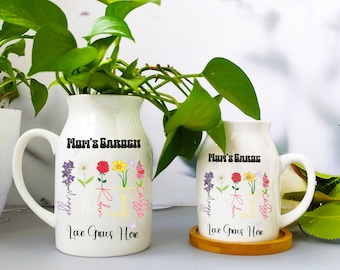 Personalisierte Geburtsmonatsvase für Blumen, Omas Gartenblumenvase, individuelle Blumenvase mit Enkelnamen, Geburtsblumen-Keramikvase