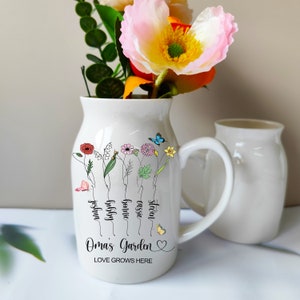 Personalisierte Geburtsblume Blumenvase, Geschenke für Mutter, Omas Gartenblumenvase, kundenspezifische Enkel-Namensvase, Birthflower Keramikvase Bild 3