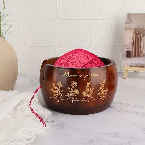 Personalized Yarn Bowl, Custom Birth Flower Wooden Yarn Bowl, Grandmas Garden Yarn Bowl for Knitting and Crocheting, Mother's Day Gift