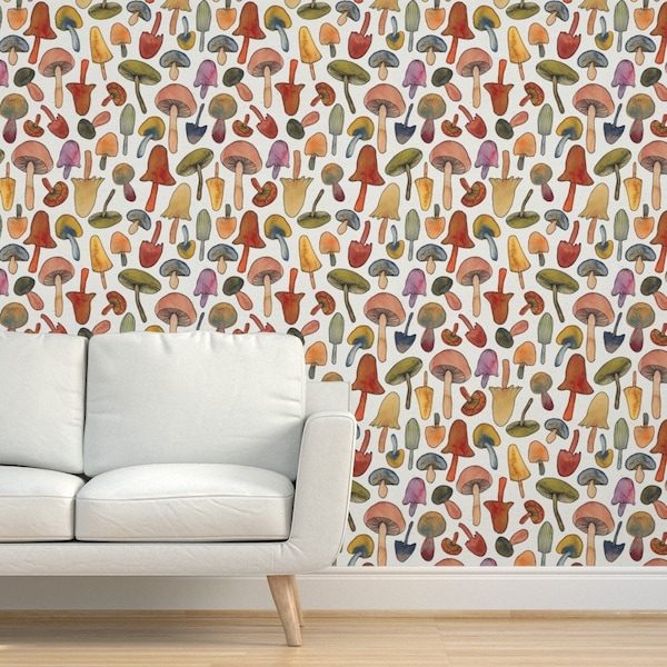 Unique Watercolor Mushroom Wallpaper, Woodland Forest Mushroom Wallpaper, Peel and Stick or Pre-Pasted Wallpaper, Renter Removable Wallpaper