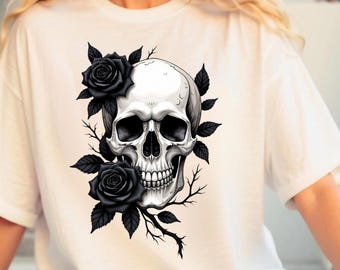 Flower Skull png, Skull Rose PNG, Goth Skull PNG Sublimation, Goth Rose png, Horror Tattoo Design, Halloween Skull png