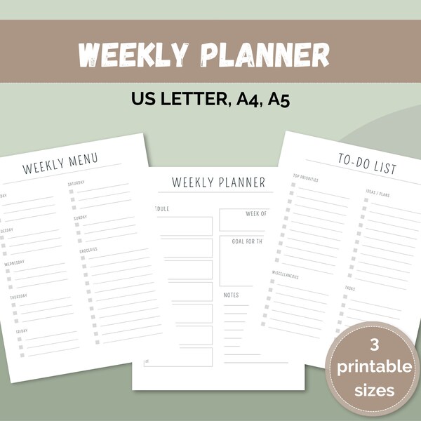 Weekly Planner, Daily Planner, Meal Planner, To-do List, Minimalist Weekly Planner, Printable Planner, Week At A Glance, Grocery Planner,