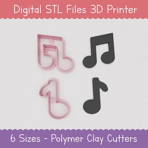 May include: Six digital STL files for 3D printing of music note cookie cutters. The files are for polymer clay cutters. The image shows two sets of music note cutters, one in pink and one in black.