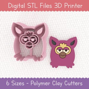 Può includere: Tagliapasta in argilla polimerica rosa a forma di personaggio dei cartoni animati. L'immagine include il testo "Digital STL Files 3D Printer" e "6 Sizes - Polymer Clay Cutters".
