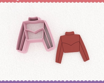 May include: Two digital STL files for 3D printing polymer clay cutters. The cutters are shaped like a jacket with a high collar. One cutter is pink and the other is red.