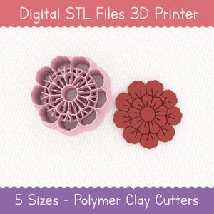 May include: Two flower-shaped polymer clay cutters. One is light pink with a detailed centre, the other is dark red with a simpler design. The image includes the text "Digital STL Files 3D Printer" and "5 Sizes - Polymer Clay Cutters".