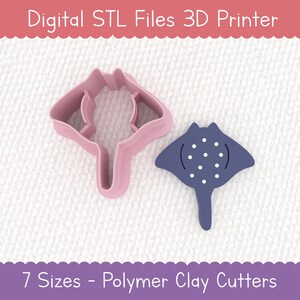 May include: Two polymer clay cutters in the shape of a stingray. One is a light pink outline, and the other is a dark blue filled-in shape with white dots. Text at the top reads "Digital STL Files 3D Printer" and at the bottom "7 Sizes - Polymer Clay Cutters."