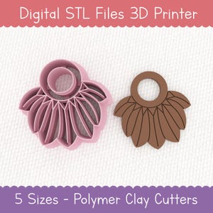 Op de afbeelding: Twee polymeerklei snijders, één roze en één bruin, in een bloemmotief. De roze snijder is 3D geprint en heeft een gedetailleerd bloembladpatroon. De bruine snijder is een effen vorm. De tekst bovenaan luidt "Digital STL Files 3D Printer".