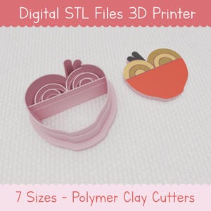 May include: Two pink plastic cookie cutters in the shape of a heart. One cutter is a single heart shape, the other is a layered heart shape with a smaller heart inside. The heart cutters are designed to cut out shapes for polymer clay projects. The text "7 Sizes - Polymer Clay Cutters" is at the bottom of the image.