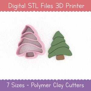 May include: Two Christmas tree-shaped polymer clay cutters. One is a pink outline, and the other is a green tree with a brown trunk. The text at the top says "Digital STL Files 3D Printer". The text at the bottom says "7 Sizes - Polymer Clay Cutters".
